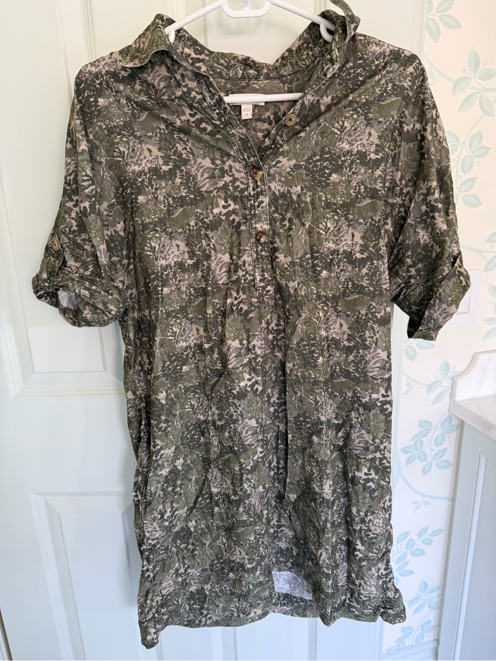 ANN MASHBURN Olive Green Printed Fine Cotton Corduroy Shirt Dress